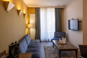Modern hotel room with cozy sofa