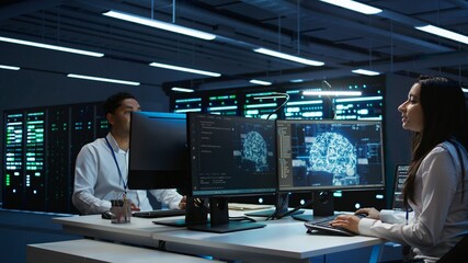 Team of engineers using AI tech on computer to do checkup in server room. Data center workers using artificial intelligence technology to process datasets for training, camera B