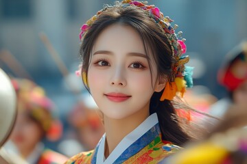 Fototapeta premium Traditional Attire with Vibrant Headpiece and Festive Colors