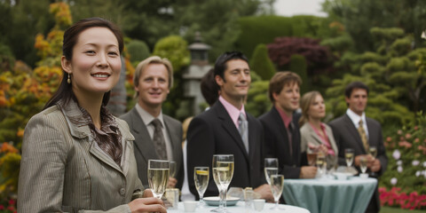Outdoor gathering of professionals in suits and blazers, enjoying refreshments in a garden setting with manicured hedges.
