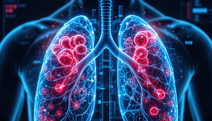 Digital medical visualization of human lungs with highlighted areas showing respiratory issues, likely infection or inflammation.