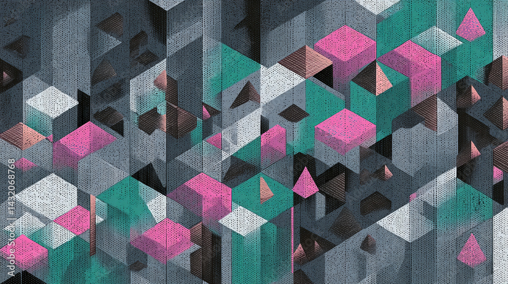 Poster abstract geometric pattern with pink, teal, gray cubes and triangles on textured background, showcas