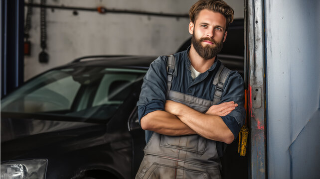 Confident mechanic in overalls standing in an automotive repair shop with a car in the background, looking at the viewer