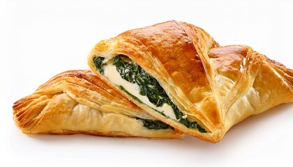 a golden brown puff pastry with spinach and cheese isolated on a white background