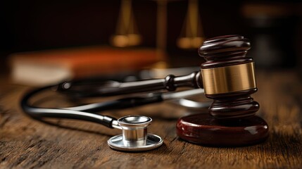 High resulation image of malpractice law gavel rests next to a stethoscope on a wooden table, symbolizing medical legal issues in healthcare practices today.