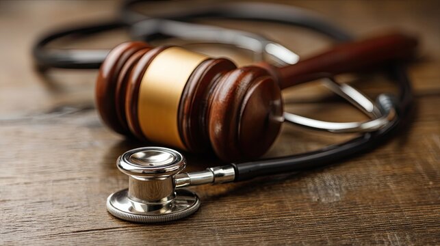High resulation image of malpractice law gavel rests next to a stethoscope on a wooden table, symbolizing medical legal issues in healthcare practices today.