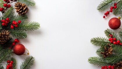 christmas decorations on white background border with fir branches red berries and cones copy space
