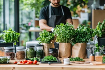 Fresh herbs and vegetables arranged for preparation in a modern kitchen with a man working