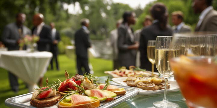 Outdoor reception with appetizers, drinks, and business people mingling in the background at a networking event, offering refreshment.