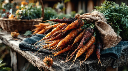 Freshly Harvested Carrots on Rustic Wooden Table with Greenery