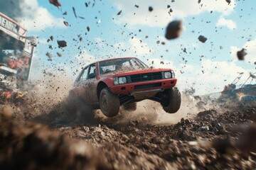 Exciting off-road racing action with a bright red car soaring through airborne mud at a thrilling motorsport event