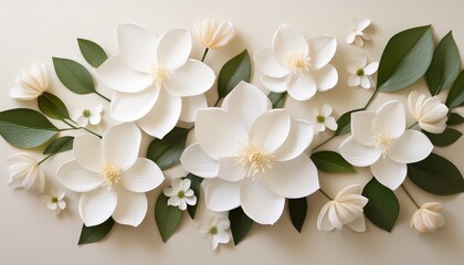 Fototapeta premium a serene composition featuring delicate white flowers arranged gracefully on a soft neutral background perfect for a calming aesthetic