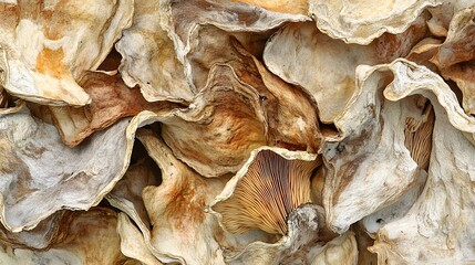 Abstract Dried Mushrooms Texture Background, Autumnal Brown and Beige Fungus Closeup