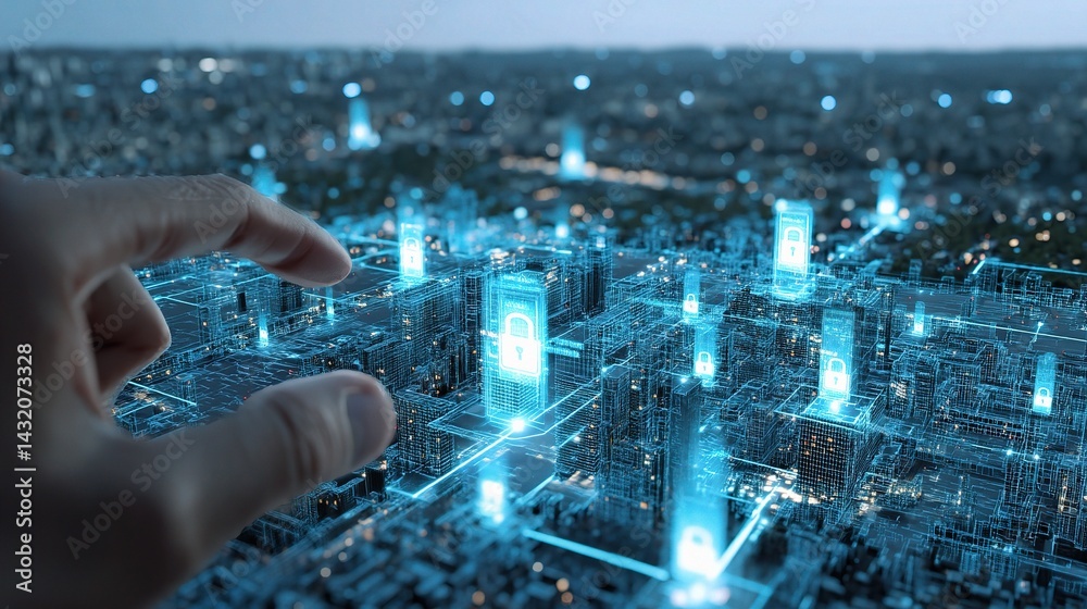 Poster futuristic user interface featuring blockchain security technology