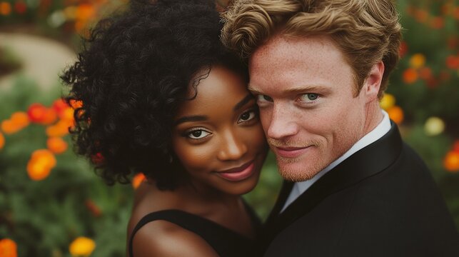 Couple embracing amidst vibrant flowers