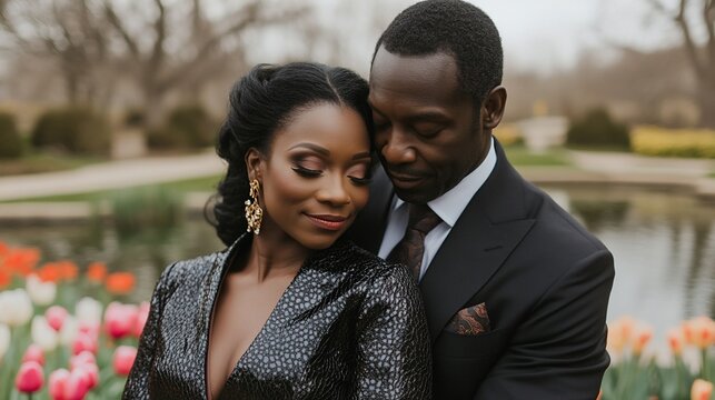 Couple embracing in park, elegant attire