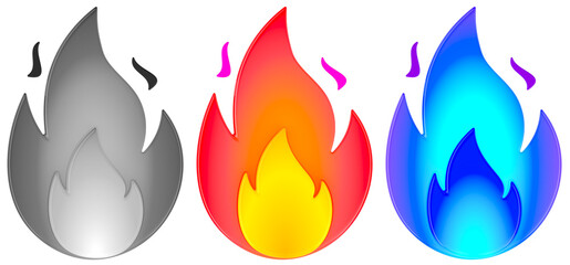 Fire Flames set icons. Black, orange and blue colors. 3D rendering isolated on transparent background
