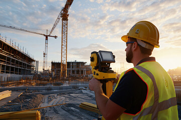 surveyor operating advanced 3D scanner on construction site with partially completed foundation.