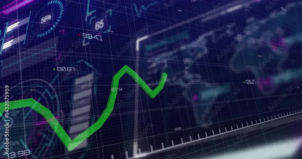 Poster neon green line graph trending across virtual interface, showing numeric data and hud elements