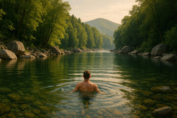 Man bathing in serene forest river surrounded by lush green trees and mountains – peaceful nature scene with crystal clear water at sunset