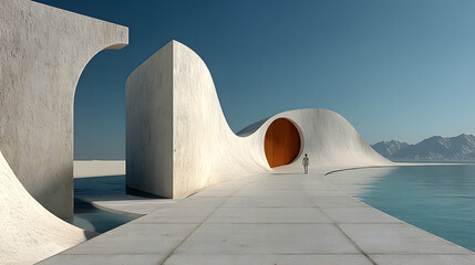 Futuristic Architecture with Abstract Shapes and Serene Landscape