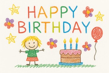 Fototapeta premium Child drawing happy birthday greeting card with cake, balloon and flowers