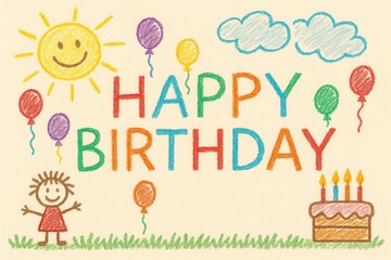 Fototapeta premium Child drawing happy birthday greeting card with colorful balloons, cake, sun and clouds