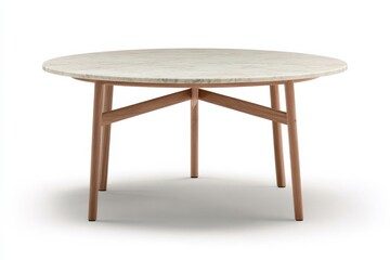 Modern round table with white marble top and wooden legs in a minimalist design ideal for dining and contemporary interiors