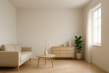 Minimalist living room interior with neutral tones, wooden furniture, sofa, and natural light – Scandinavian style modern home decor