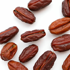 Dried dates levitate on a white background