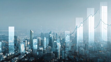 Obraz premium Business Growth Holograms and Charts Overlaying Urban Skyline