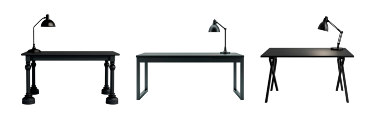 Set of modern black desk with adjustable lamp home or office workspace isolated on transparent background