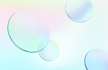 3d product display background. Glass cosmetic display podium,cosmetic ads, round shape fly. Transparent gradient lens,disk on blur backdrop. Vector mouckup illustration