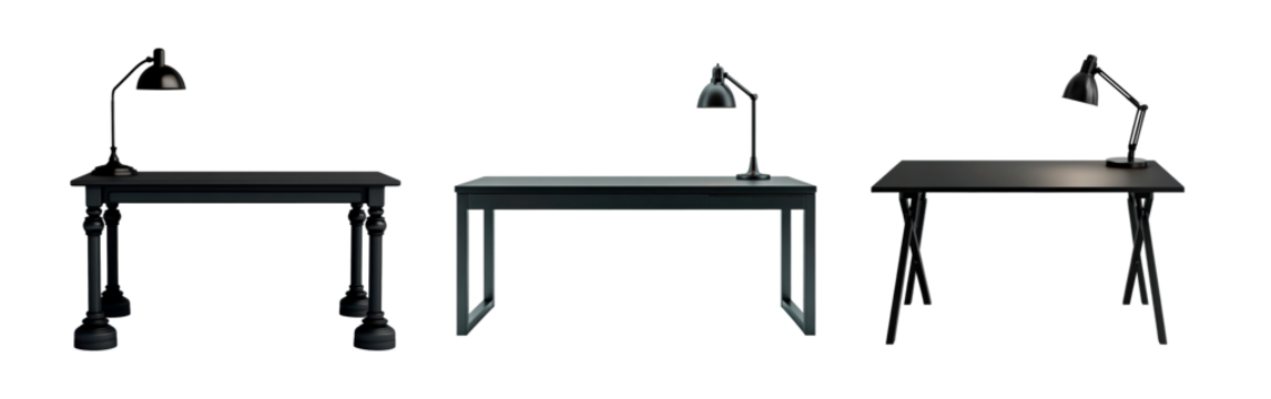 Set of modern black desk with adjustable lamp home or office workspace isolated on transparent background