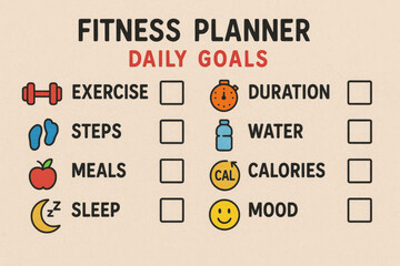 Fitness planner daily goals checklist with icons for exercise, water, calories, sleep, and mood – healthy lifestyle and wellness tracker