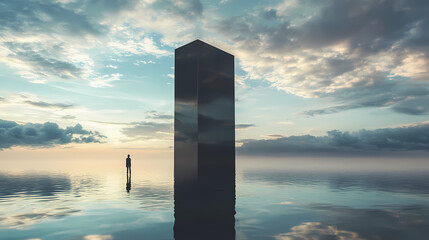 Cosmic monolith reflecting universe on water surface with solitary figure contemplating dreamscape. Dream Monolith. Illustration