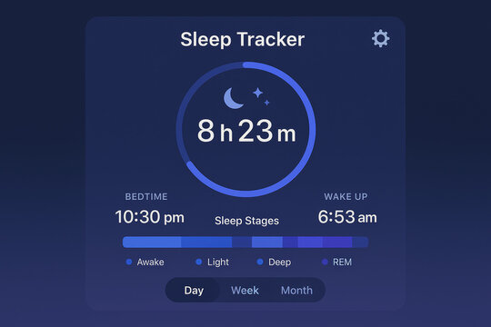 Digital sleep tracker interface showing sleep duration, bedtime, wake up time, and sleep stages – health monitoring app design concept