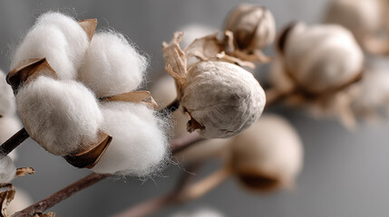 Close-up shot showcasing the intricate details of a cotton plant branch with fluffy cotton bolls in soft focus, set against a clean and neutral background color.