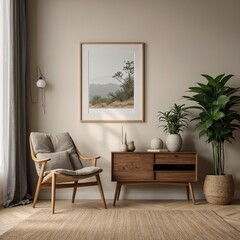 Vertical frame mockup on light neutral wall in living room, small wood cabinet below, single chair to the side, minimalist shelf with pottery and plant, calm lighting, photorealistic 8k render
