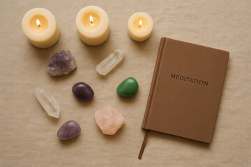 Meditation journal with healing crystals and candles on soft fabric – spiritual self care, mindfulness, and calming energy flat lay