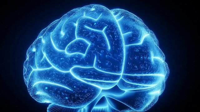 Glowing brain digital rendering, blue and black, representing intelligence and neuroscience concept