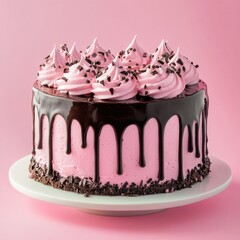 A beautiful pink cake adorned with chocolate drizzle and swirls.