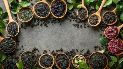 Assorted tea types in wooden spoons
