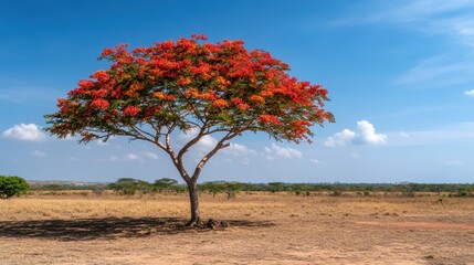 Vibrant Flamboyant Tree in Arid Landscape Under Clear Blue Sky with Colorful Blossoms Displaying Rich Natural Beauty of Outdoor Environment