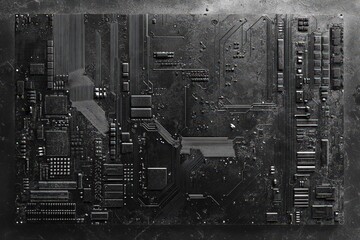 Top-down view of a dark, complex circuit board.
