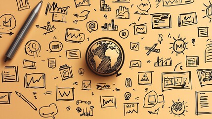 Orange Sticky Note Depicting a Globe Surrounded By Marketing Icons Indicating Global Business Strategies