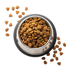 Pieces of dry food for cats and dogs fall into a bowl on a white background.