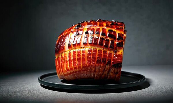 Glazed baked ham on black plate, dark background