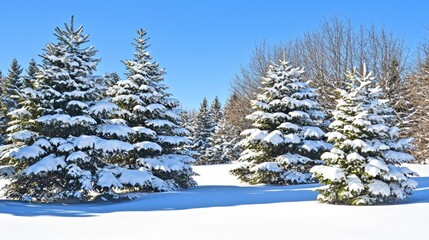 Snow Covered Evergreen Trees on a Sunny Winter Day