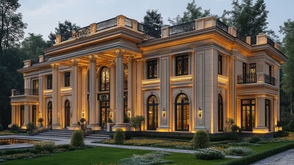 Fototapeta premium Grand Neoclassical Mansion at Dusk: Architectural Marvel